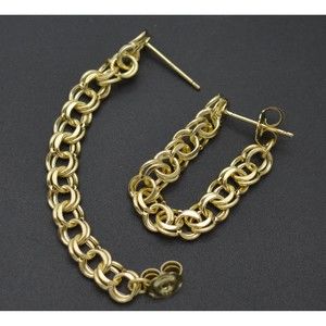 Real 10K Solid Yellow Gold Endless Charm Rolo Chain Long Drop hoop Earrings